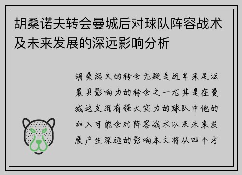 胡桑诺夫转会曼城后对球队阵容战术及未来发展的深远影响分析